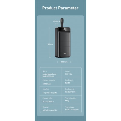 УМБ REMAX Leader Series Fast Chaging Power Bank RPP - 184 40000mAh |3USB/Type-C/Lightning, 2.1A|