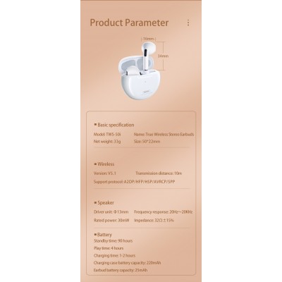 Навушники Bluetooth REMAX True Wirelss Stereo Earbuds TWS-50i |BT5.1, 25/250mAh, 4h|