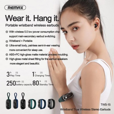 Навушники Bluetooth Remax Wristband Wireless Earbuds TWS-15 |BT5.0, 28/250mAh, 3h|