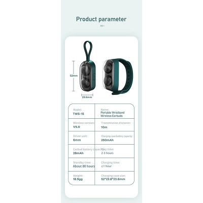 Навушники Bluetooth Remax Wristband Wireless Earbuds TWS-15 |BT5.0, 28/250mAh, 3h|