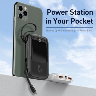 УМБ BASEUS with lightning cable Qpow Digital Display 10000mAh |2USB/Type-C/Lightning, 3A, 15W|