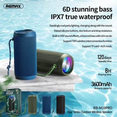 Акустика REMAX Star Series RGB Outdoor Wireless Speaker RB-M28 PRO IPX7 |BT5.0,8Wx2, TWS, AUX/TF, DSP, 8h|