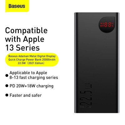 УМБ BASEUS Adaman Metal Digital Display 20000mAh |2USB/Type-C/Lightning, 22.5W/5A, PD/QC| (PPAD000101)