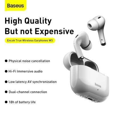 Навушники Bluetooth BASEUS Encok True Wireless Earphones W3 |37/200mAh, 4/18Hours| (NGW3-02)