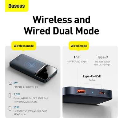 УМБ BASEUS Magnetic wireless quick charging power bank 10000mAh |1USB/1Type-C, 3A, 20W| (PPMT-02)