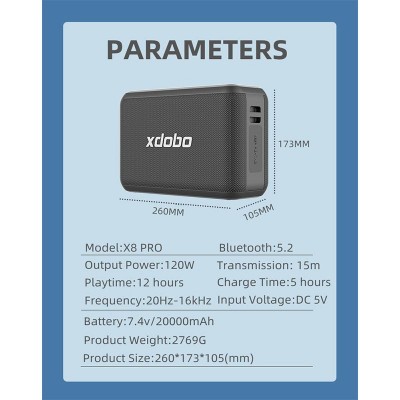 Акустика-караоке xdobo X8 PRO IPX5 |BT5.2, 120W, AUX/TF/USB, 2Microphone, 12h Max|