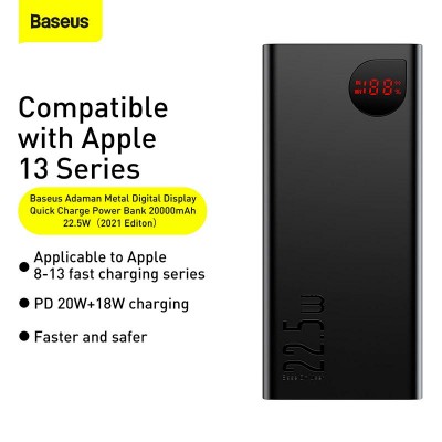 УМБ BASEUS Adaman Metal Digital Display Overseas 20000mAh |2USB/Type-C/Lightning, 22.5W/5A, PD/QC| (PPAD070101)