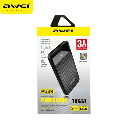 УМБ AWEI with LCD P63k 10000mah |2USB/Type-C/Lightning, QC3.0, 3A|
