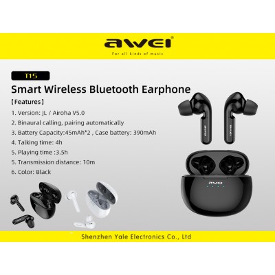 Навушники Bluetooth Awei TWS Sports T15 |BT5.0, 390mAh/45mAh, 4Hours, IPX4|