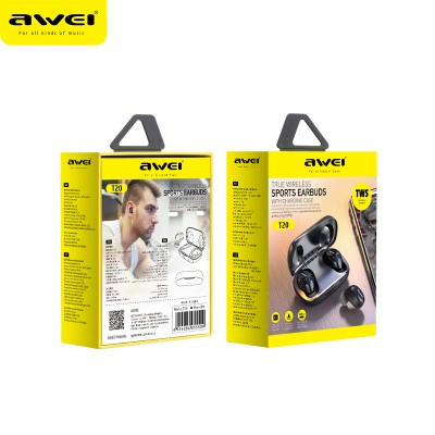 Навушники Bluetooth Awei TWS Sports T20 |BT5.0, 390mAh/45mAh, 4Hours, IPX4|