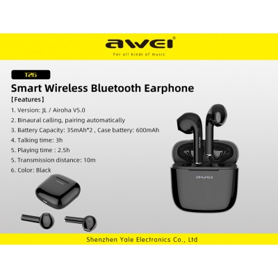 Навушники Bluetooth Awei TWS Sports T26 |BT5.0, 600mAh/35mAh, 3Hours, IPX4|