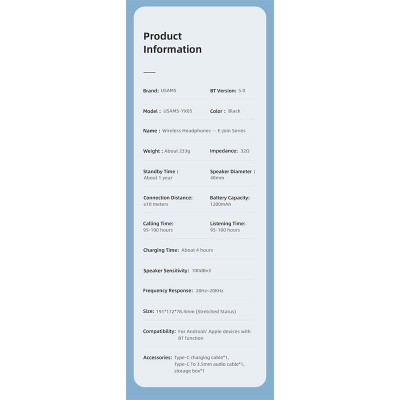 Навушники Bluetooth USAMS YX05  |BT5.0, 1200mAh, 100h|