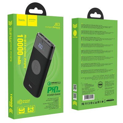 УМБ HOCO with wireless charger Velocity J63 10000mah |1USB/2Type-C, 18W/3A, QC/PD|